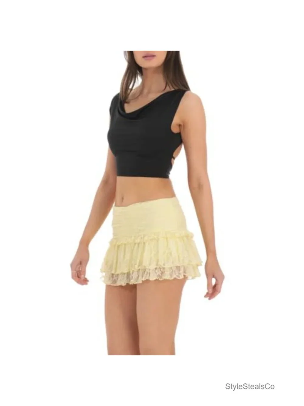 Women's Floral Lace Mini Skirt Sheer Mesh Layered Ruffle Low Rise Party Club